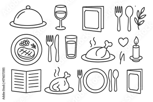 Hand drawn dinner icon set. Restaurant menu elements with tableware, food, and dining icons. Vector line art illustration of steak, chicken, wine glass and candle light.