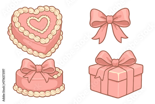 Coquette cakes and gift set. Vintage pink heart-shaped cake, dessert with cream, and gift box with ribbon bow. Cute romantic vector clipart for Valentine's day celebration.