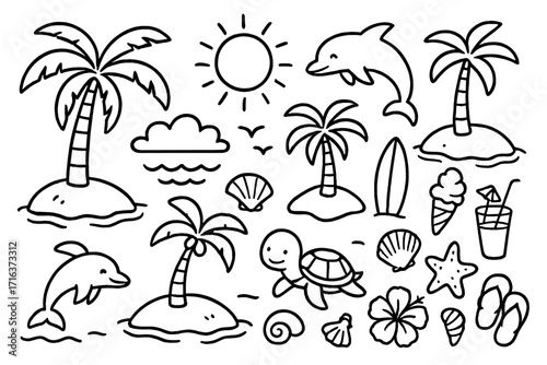 Summer beach doodle set. Hand drawn tropical island paradise elements. Outline vector cartoon icons collection with palm tree, sun, dolphin, turtle, shell, and vacation items.
