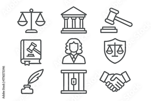 Law and justice line icon set. Legal symbols. Courthouse, judge, gavel, scales, book, prison, and handshake. Vector pictograms for lawyer, court, and auction themes.