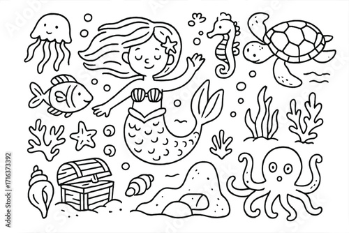 Mermaid adventure set. Hand drawn ocean elements and sea creatures. Vector cartoon line art illustration. Underwater characters collection for coloring book page or design.