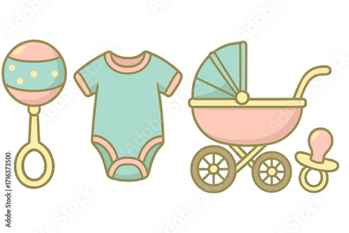 Set of cute pastel baby essentials. Vector cartoon illustration of a rattle, onesie, baby carriage, and pacifier. Newborn infant design elements for a baby shower invitation.
