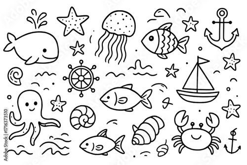 Ocean doodles set. Hand drawn marine life and nautical elements. Black and white vector cartoon illustration collection. Cute sea animals, fish, whale, octopus, crab, anchor.