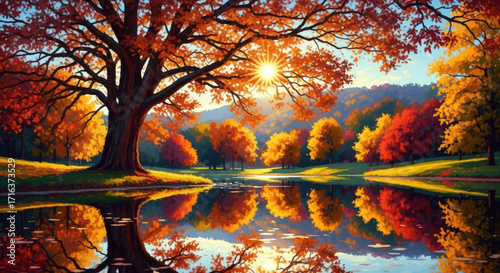 Picturesque Autumn Landscape with a Large Tree Reflected in a Calm Lake Surrounded by Colorful Foliage and Warm Sunlight Creating a Serene Scene
