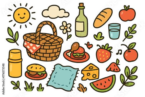 Collection of cute picnic essentials in a doodle art style. Fun, playful, nature-inspired food and items for a summer outdoor lunch. Vector cartoon illustration set.