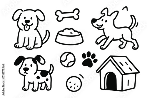 Playful canine doodles collection. A set of hand-drawn dog elements including cute puppies, a bone, food bowl, doghouse, and paw print. Vector cartoon pet animal icons.