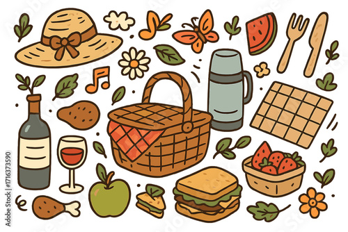 Summer picnic doodle set. Hand drawn vector cartoon illustration collection. Fun outdoor meal essentials like food, wine, basket, fruit, and sandwich for a nature outing.