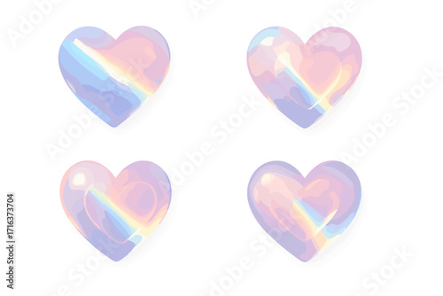 Set of romantic love hearts with light prism reflection effect. Crystal glass heart shapes with holographic rainbow dispersion and lens flare for shiny abstract design.