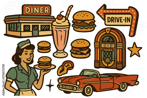 Retro 1950s American diner sticker set. Vector illustration collection of vintage icons. Drive-in, car, waitress, jukebox, fast food, burger and milkshake. Nostalgia cartoon.