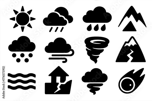 Weather and natural disaster icons set. Catastrophe and climate change symbols. Sun, rain, wind, tornado, earthquake, flood, meteor pictogram collection. Vector glyph.
