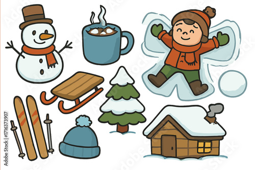 Winter fun icon set. Cute cartoon doodles of snow day activities. Vector illustration pack with snowman, hot chocolate, sled, skis, cabin, and person making a snow angel.