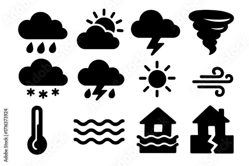 Weather forecast icon set with natural disaster symbols. Meteorology and climate change silhouette vector collection. Includes sun, rain, storm, snow, wind, tornado, flood, earthquake.
