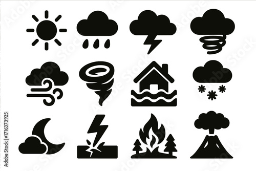 Weather and natural disaster icon set. Climate catastrophe meteorology symbols. Silhouette pictograms of storm, flood, tornado, volcano, fire, wind, snow, sun, and rain.