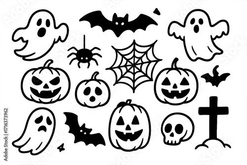 Halloween doodle set. Spooky ghost, pumpkin, bat cartoon icons. Hand drawn vector illustration. Scary jack o'lantern, spider, web, skull, grave collection. Isolated black elements.