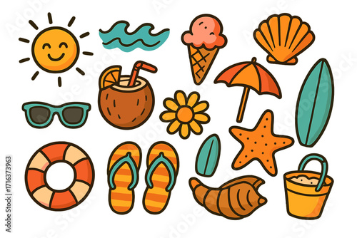 Cartoon summer beach doodle collection. Vector icon set with sun, waves, ice cream, shell, surfboard, flip flops. Fun holiday vacation and travel graphic elements for design.