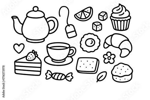 Hand drawn tea time doodle set. Vector cartoon illustration collection of tea party items, snacks, and desserts. Teapot, cup, cake, croissant, pastry for cafe menu or coloring.