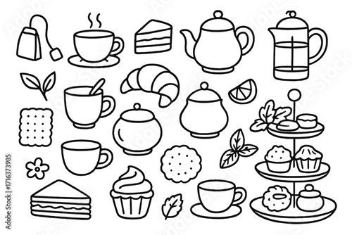 Teatime essentials hand drawn doodle icon set. Vector collection of tea party items, drinks, snacks, and pastry. Outline cartoon illustration of teapot, cup, cake for a cafe menu.