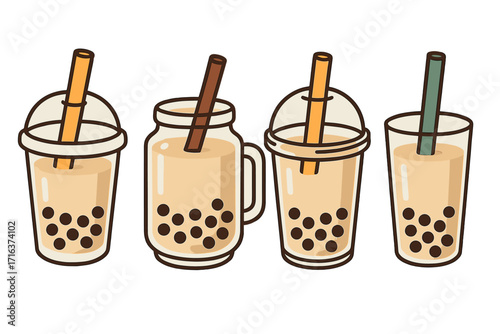 Bubble tea set vector flat illustration. Boba milk tea in different plastic cups, glass and mason jar. Collection of pearl tea drinks with straws. Asian beverage cartoon icon.