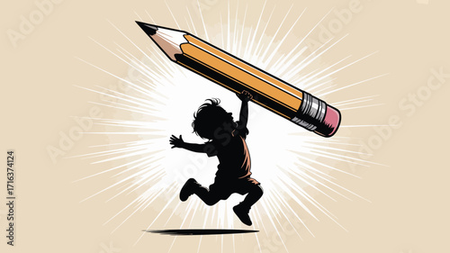 Child's imagination soars with giant pencil, symbolizing creativity and bright future inspiration