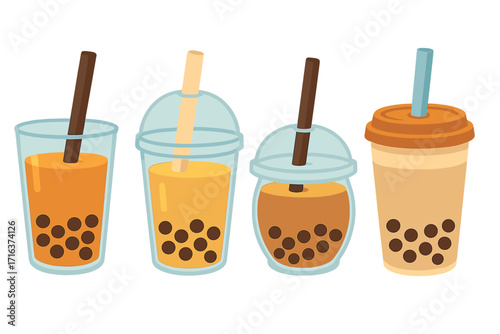 Bubble tea boba drink vector illustration set. Collection of pearl milk tea in different cups. Flat cartoon graphic design elements for menu, cafe, beverage. Tapioca drink.