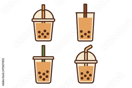 Bubble tea vector icon set. Boba milk tea collection with tapioca pearls. Flat cartoon illustration of various plastic cups for a cafe menu. Delicious takeaway drink graphic.