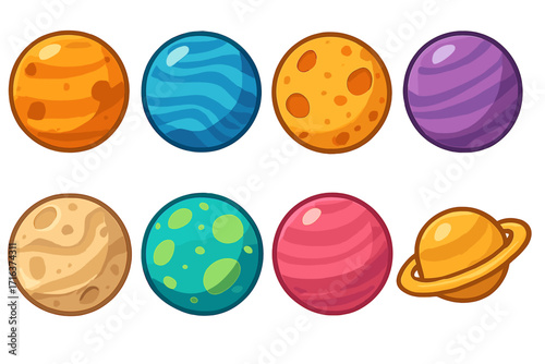 Colorful cartoon planets set. Vector illustration of fantasy space celestial bodies. Game assets and icons for kids. Galaxy astronomy elements with textures and patterns.
