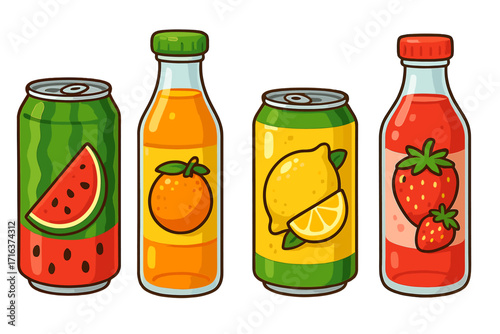 Fruit juice soda can and bottle set. Watermelon, orange, lemon, strawberry beverage. Cute cartoon vector icon collection. Isolated fresh cold drink illustration for menu.