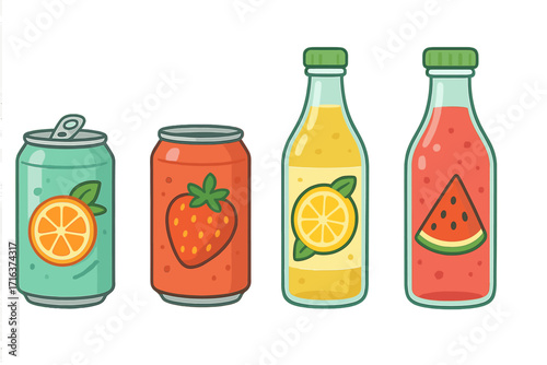 Fruit juice soda drink can bottle set. Vector cartoon illustration. Colorful beverage collection. Orange, lemon, strawberry, watermelon flavor. Fresh summer refreshment icon.