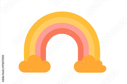 Boho rainbow vector illustration. Cute flat design in warm orange, yellow, and pink colors. Modern cheerful cartoon arc with clouds. Graphic for nursery, kids, baby shower.