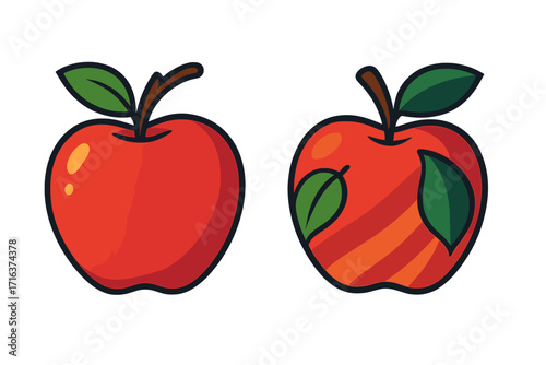 Set of two red apple vector icons. Cartoon fruit illustration in simple and complex styles. Fresh organic food concept for flat design, stickers, or logos. Design variation.