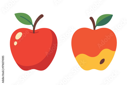 Fresh and rotten apple concept vector. Healthy and unhealthy food comparison. Whole ripe red fruit vs old bitten apple with seed. Good and bad choice. Diet icon set.