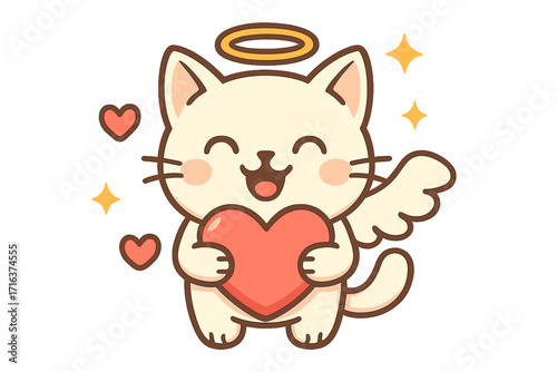 Cute angelic cat holding heart. Vector cartoon illustration for Valentine's Day. Adorable kawaii kitten with angel wings and halo. Love, joy, and happiness concept design.