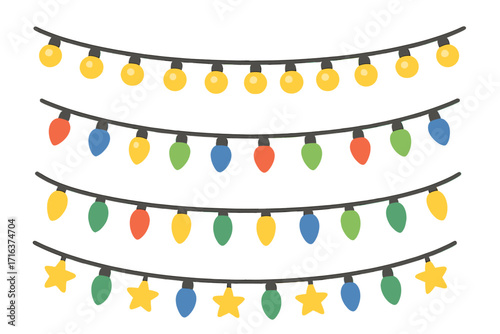 Christmas lights string set. Festive holiday decoration. Various colorful light bulbs and stars garland collection. Party design element. Vector flat cartoon illustration.
