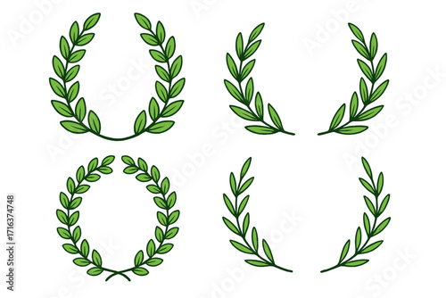 Laurel wreath and olive branch set. Vector illustration for victory, award, or honor emblem. Decorative circular frame for logo design, certificate, or invitation.