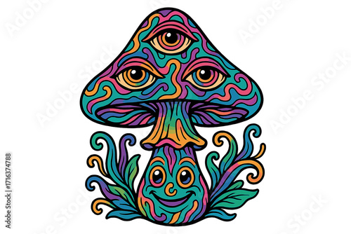 Psychedelic magic mushroom character with a third eye. Trippy fantasy vector art with vibrant colors. Mystical cartoon mascot for merchandise, t-shirts, and posters.