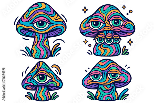 Psychedelic mushroom character set. Trippy magic mushrooms with eyes. Groovy retro 70s cartoon mascot for stickers and posters. Funky fantasy vector illustration collection.