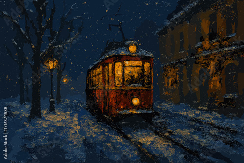 Oil painting of a red tram on a snowy winter night in an old European city. Vintage trolley car public transport illustration. Nostalgic urban landscape with streetlights.