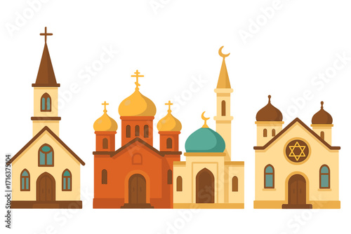 Religious buildings icon set. Church, mosque, synagogue, cathedral. Flat vector illustration of diverse architecture. Concept for religion, faith, culture, and tolerance. World religions.