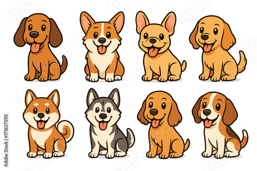 Cute dog character collection. Set of various breeds in playful expressions. Vector cartoon illustration of happy puppies. Includes Corgi, Husky, Beagle, Shiba Inu, Dachshund.