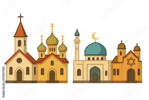 Religious buildings icon set. Christian church, orthodox, mosque, synagogue. Flat vector illustration. Architecture of different cultures and faiths. Worship concept design.