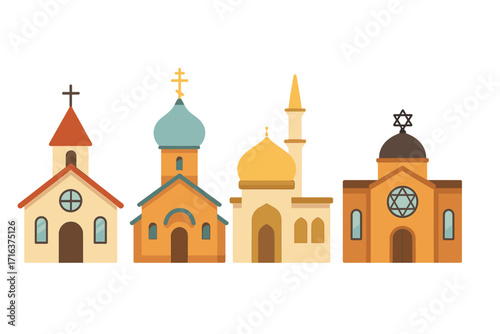 Set of religious buildings. Church, mosque, synagogue icons. Flat vector cartoon illustration. Christian, Islamic, Jewish temples. World religions architecture collection.
