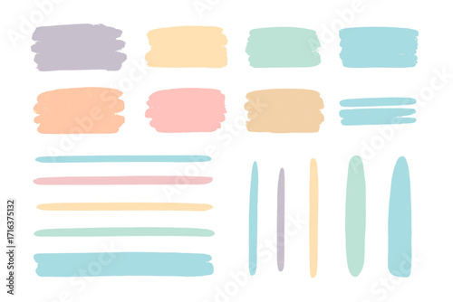 Hand drawn vector set of pastel brush strokes. Crayon and charcoal texture collection. Isolated design elements, colored emphasis lines, artistic highlights and swatches.