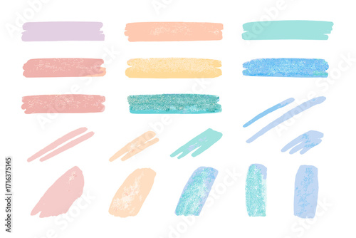 Hand drawn pastel color strokes collection. Crayon charcoal texture background set. Abstract doodle scribble shapes and emphasis lines for design. Artistic marker highlight marks.