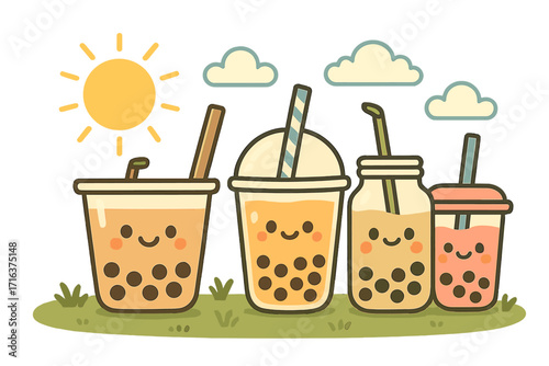 Cute boba tea characters on a sunny day. Kawaii bubble tea drinks with happy faces in flat vector style. Fun cartoon illustration for summer refreshments and beverages.