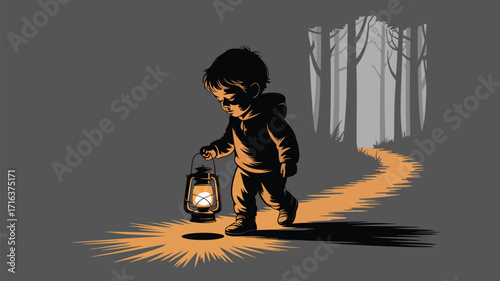 Little child with lantern illuminating forest path, symbolizing hope and discovery in darkness