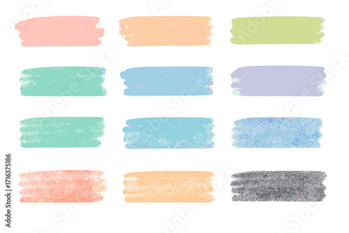 Set of colored brush strokes of pastel pencils. Charcoal pastel, emphasis lines collection. Hand drawn illustration. Vector design elements for text highlighting and banners.