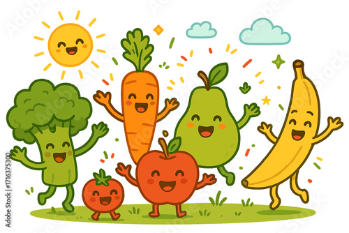 Happy fruits and vegetables characters celebrating. Cute cartoon vector set for healthy eating and lifestyle. Joyful apple, carrot, banana, and broccoli mascots in summer sun.
