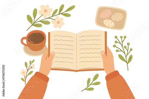 Top view of hands holding an open book. Cozy reading concept with coffee cup, cookies, and flowers. Relaxing hobby and leisure lifestyle. Flat vector illustration for hygge or autumn theme.