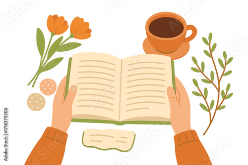 Reading book concept. Hands hold open book. Top view table. Cozy morning with coffee, cookies. Hobby, relaxation, education, study. Lifestyle. Flat vector illustration.