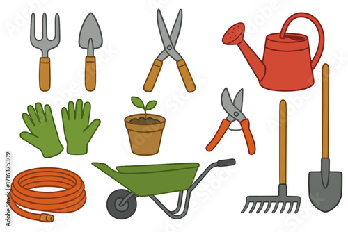 Gardening tools and equipment set for planting and garden maintenance. Vector cartoon illustration collection with shovel, rake, wheelbarrow, watering can, and shears.